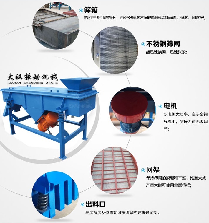 525型直線振動篩結構細節(jié)：篩箱：篩機主要組成部分，由數(shù)張厚度不同的鋼板焊制而成，強度，剛度好。不銹鋼篩網(wǎng)：能速換網(wǎng)，迅速張緊。電機：雙電機大功率，定子全銅線繞組，激振力可無級調節(jié)。網(wǎng)架：保持篩網(wǎng)的緊繃和平整，比重大或產(chǎn)量大時可使用金屬篩框。出料口：高度寬度及位置均可按照您的要求定制。