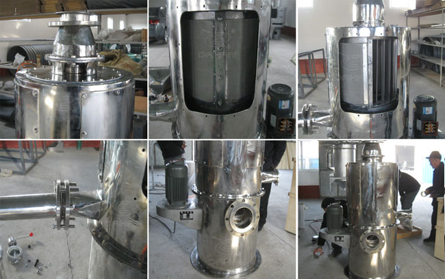 小型立式氣流篩細節：立式氣流篩篩網，立式氣流篩出料口，立式氣流篩電機。