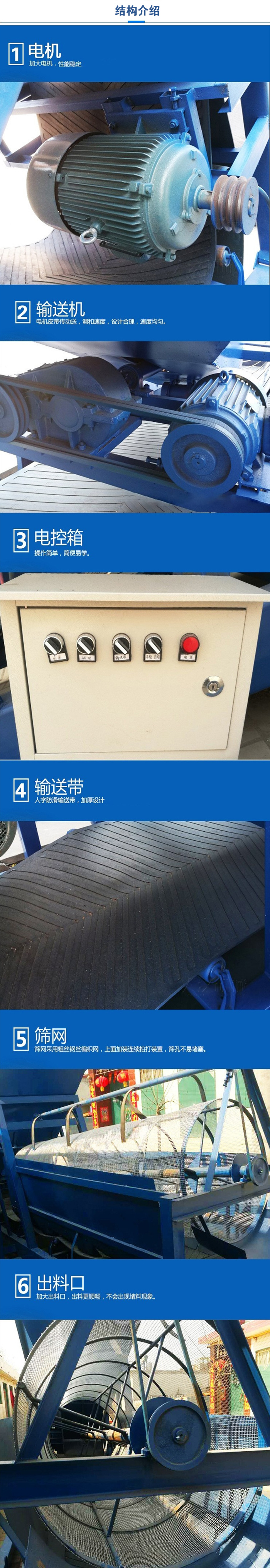移動篩沙機(jī)結(jié)構(gòu):電機(jī)，加大電機(jī)，性能相對比較穩(wěn)定。輸送機(jī)：電機(jī)皮帶傳動送，調(diào)和速度，設(shè)計(jì)合理，速度均勻。電控箱：操作簡單，簡便易學(xué)。輸送帶：人字防滑輸送帶，加厚設(shè)計(jì)。篩網(wǎng)，采用粗絲鋼絲編織而成的篩網(wǎng)，上面加裝連續(xù)拍打裝置，篩孔不易堵塞。出料口：加大出料口，出料更順暢，不會出現(xiàn)堵料現(xiàn)象。