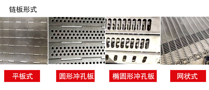 鏈板輸送機鏈板的不同形式：平板式，圓形沖孔板，網狀式等
